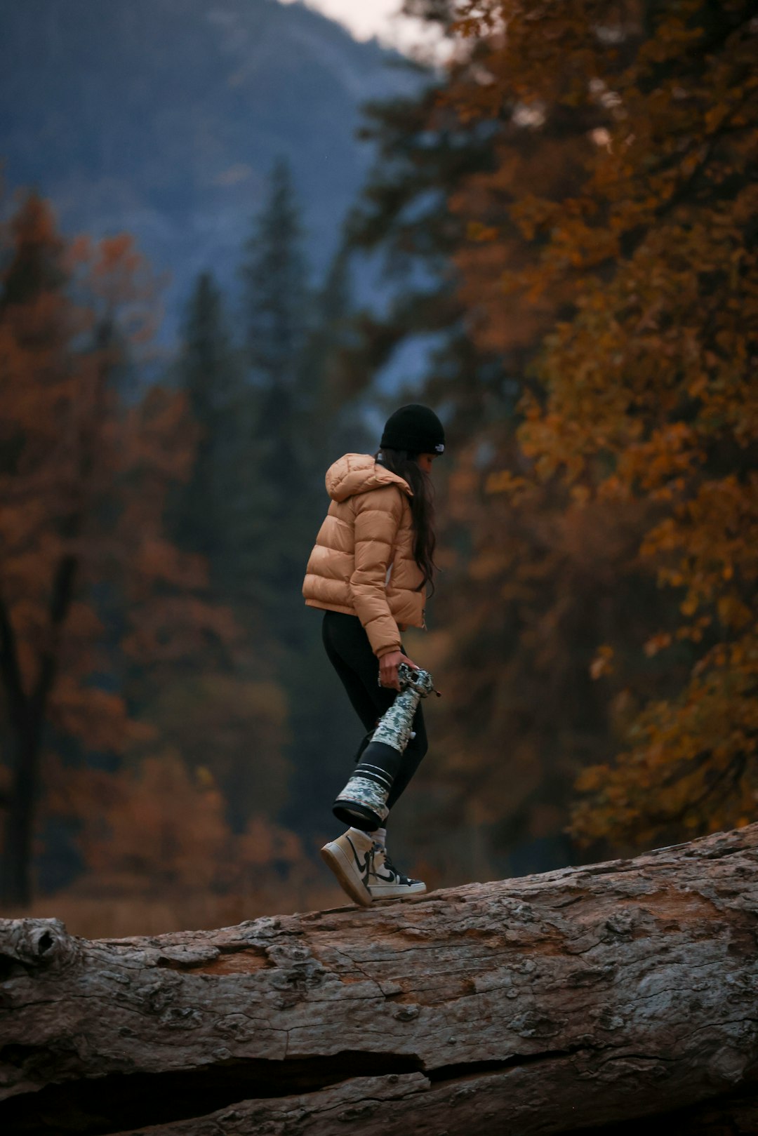 Autumn hiking outfit with warm jacket and layers