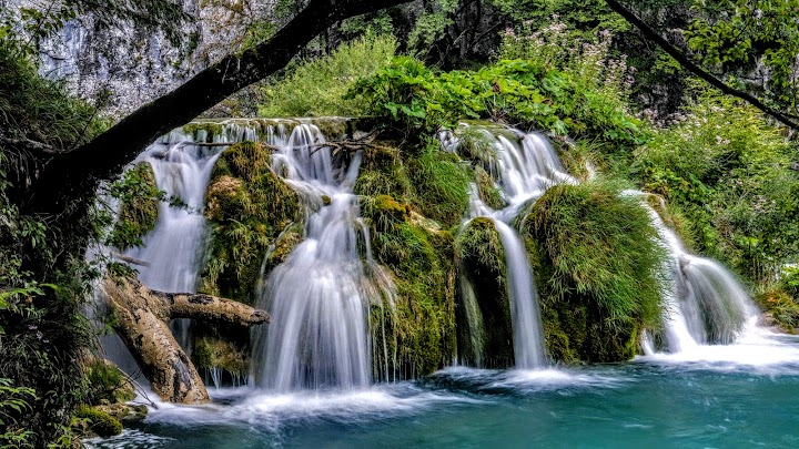 Golden sunrise reflected on calm lake surface